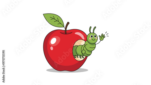 A cute cartoon caterpillar with a happy face emerges from a bite in a red apple, waving, symbolizing nature and healthy eating.