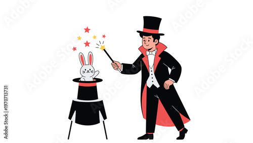 Charming magician in a top hat and tuxedo performing a trick, conjuring a cute rabbit from a magic hat with a wand.