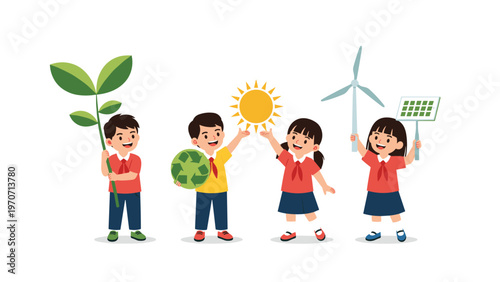 Group of cheerful children actively promoting green energy and environmental protection, holding symbols of sustainability and renewable resources.