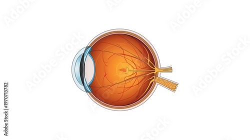 Human eye anatomy cross section, medical illustration of eyeball internal structure, detailed retina and optic nerve diagram on white background