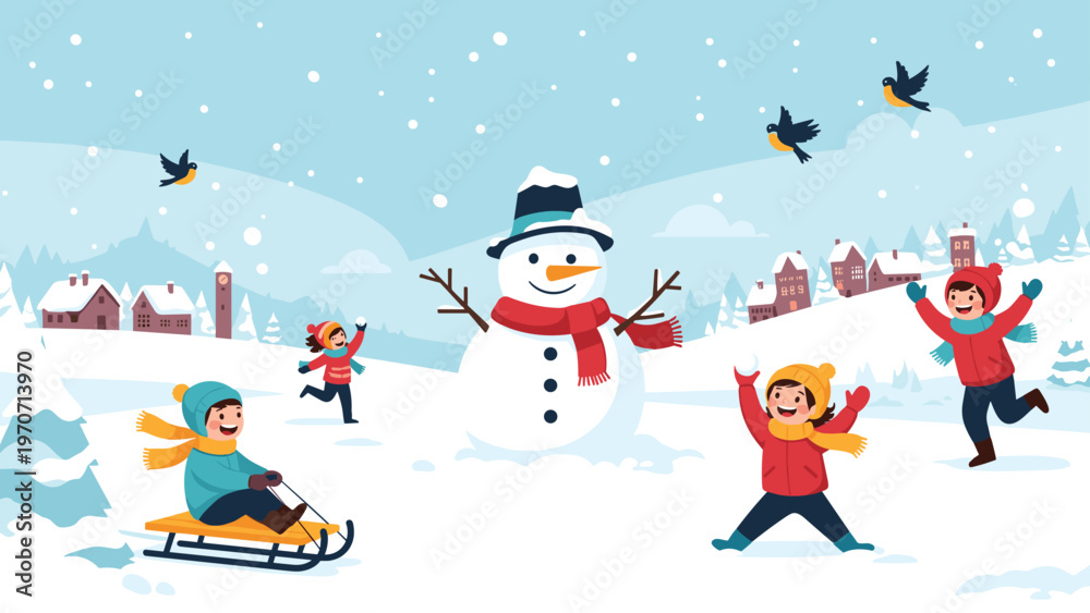 Naklejka premium Delightful winter landscape scene with a cheerful snowman and happy children playing in the snow, enjoying various winter activities.