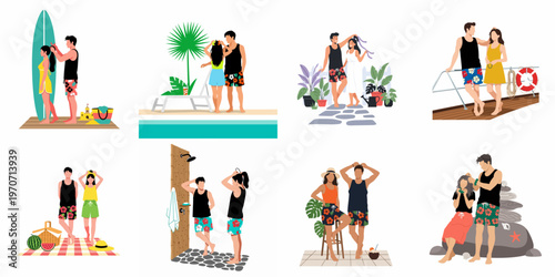 Collection of flat vector illustrations depicting a couple enjoying various summer vacation activities like beach surfing, poolside lounging, picnicking, and boating.
