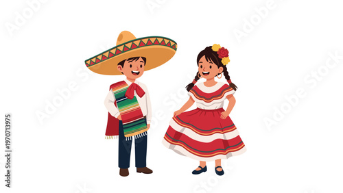 Cheerful Mexican boy and girl dressed in vibrant traditional costumes, celebrating cultural heritage with smiles.