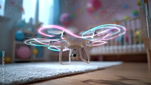 Drone flying in a colorful nursery with balloons