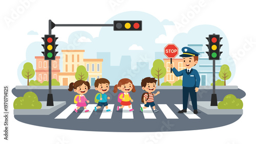 Friendly police officer holding a stop sign, ensuring the safety of a group of smiling children as they cross a busy street with traffic lights.