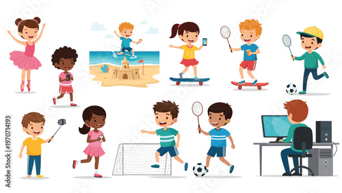 Comprehensive set of diverse children actively engaged in a wide range of popular hobbies and recreational activities.
