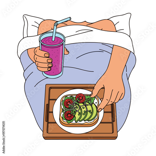 A person in bed eating toast with avocado and tomato