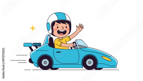 Happy young boy enthusiastically driving a blue race car, wearing a helmet and waving, embodying speed and adventure.