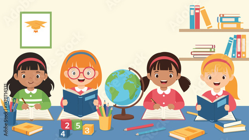 Group of diligent and happy girls actively studying in a bright classroom, surrounded by books, a globe, and school supplies.