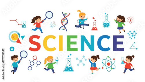 Dynamic word art spelling "Science," creatively integrated with various scientific elements and diverse, happy children engaging in exploration.