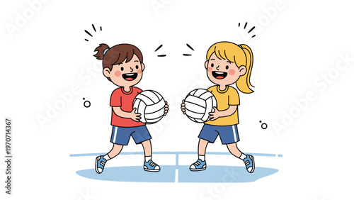 Two happy and energetic girls joyfully playing volleyball, showcasing teamwork and sportsmanship in a friendly game.
