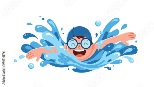 Enthusiastic young boy happily swimming with goggles and a cap, creating a dynamic splash of water around him.