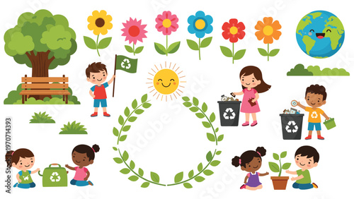 Comprehensive collection of environmental education elements, featuring children engaging in nature care and recycling activities.