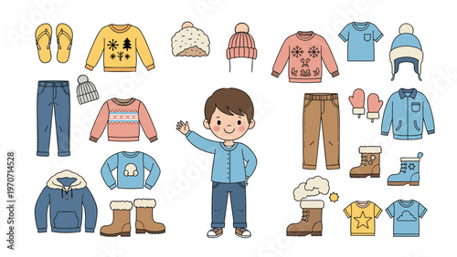 Happy young boy surrounded by a diverse collection of seasonal clothing, featuring both winter and summer outfits.