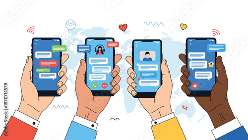 Diverse hands holding smartphones displaying various chat messages, illustrating global digital communication and social interaction.