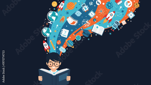 A young boy wearing glasses reads a book from which a vibrant stream of educational and scientific icons flows, symbolizing imagination and learning.