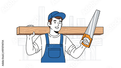A smiling male carpenter in blue overalls and a cap carries a wooden plank on his shoulder and holds a large handsaw, ready for work.