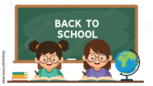 Two happy schoolgirls wearing glasses sit at a desk with books and a globe, facing a blackboard with 'BACK TO SCHOOL' written on it.