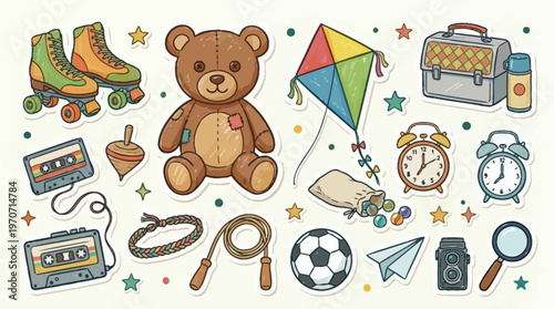 Colorful Childhood Toys and Objects on White Background