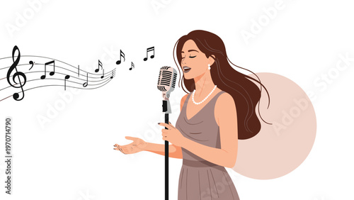 An elegant woman with long flowing hair sings passionately into a vintage microphone, with musical notes swirling around her, depicting a performance.