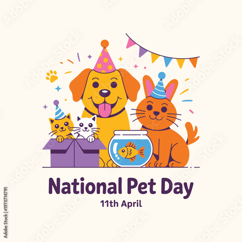 National Pet Day Illustration with Cute Dog, Cat, and Goldfish in Party Hats