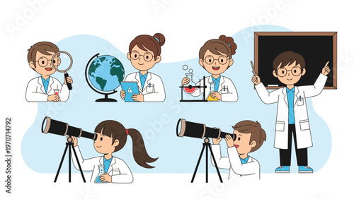 A collection of six diverse young scientists, boys and girls, engaged in various scientific activities like magnifying, experimenting, and observing.