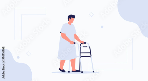 Elderly person with walker, rehabilitation, healthcare, medical assistance, senior care, flat illustration