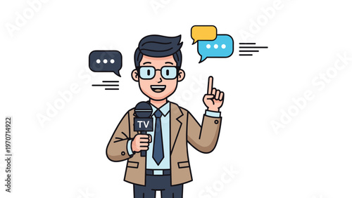 A male reporter in glasses and a suit holds a TV microphone, pointing upwards, surrounded by speech bubbles, symbolizing news and communication.