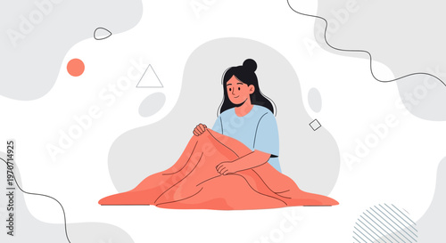 Young woman sitting wrapped in a blanket, feeling cold or unwell, minimalist background