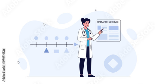 Doctor presenting operation schedule and timeline with medical icons