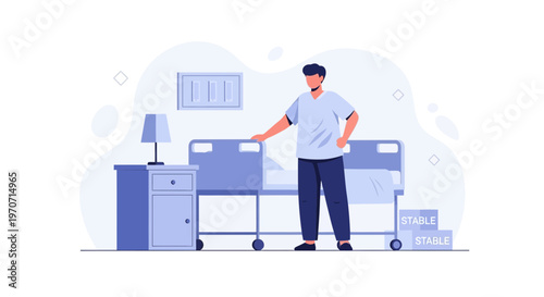 Man in Hospital Room with Bed and Nightstand, Medical Concept