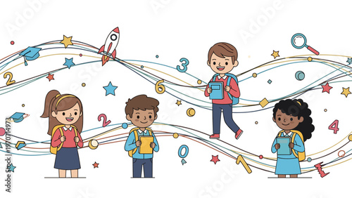 Four diverse students, two boys and two girls, walk happily through a swirling stream of numbers, letters, and graduation caps, symbolizing education.