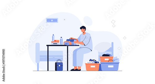 Man packing suitcase at desk, preparing for travel, organized luggage