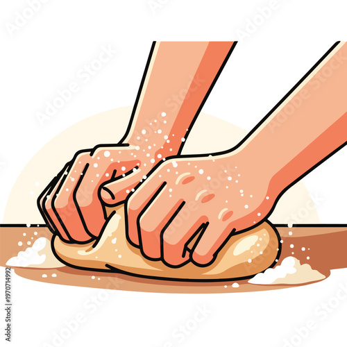 A person kneading dough on a floured surface