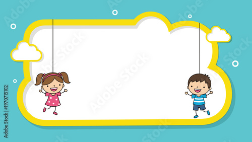 A charming blank cloud-shaped frame with two happy children, a boy and a girl, swinging below, offering space for custom text.