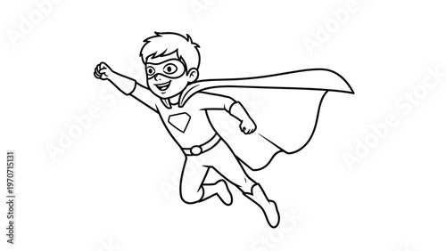 A bold, black and white outline illustration of a boy dressed as a superhero flying with a cape, ready for action and adventure.