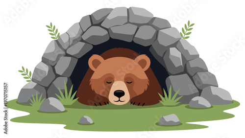 A sleeping brown bear nestled comfortably in a stone den or cave, surrounded by grass and leaves, depicting hibernation or peaceful rest.