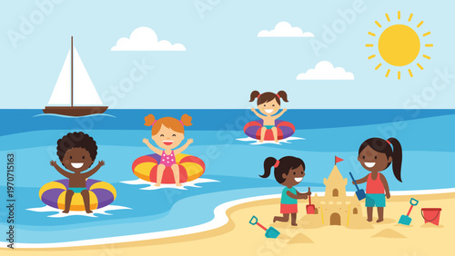 A vibrant beach scene with diverse children swimming, playing in the sand, and building a sandcastle under a sunny sky with a sailboat.