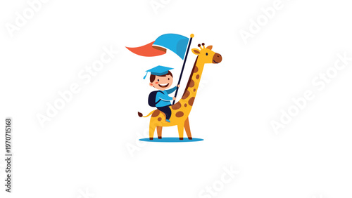 A happy child in a graduation cap rides a playful giraffe while holding a flag, symbolizing educational milestones and joyful achievement.
