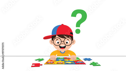 A happy boy with glasses and a cap is intently solving a colorful jigsaw puzzle on a table, with a green question mark above his head.
