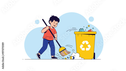 A happy boy actively sweeps litter into a yellow recycling bin, demonstrating good environmental habits and community cleanliness.