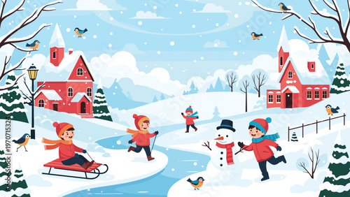 A picturesque winter landscape with snow-covered houses, trees, and children joyfully playing in the snow, building a snowman, and sledding.