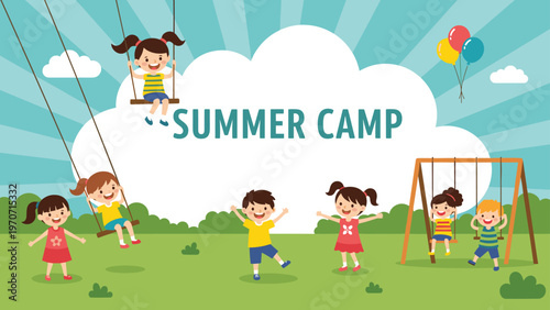 A lively summer camp scene with diverse children happily playing on swings and slides in a park, with 'SUMMER CAMP' in a cloud.