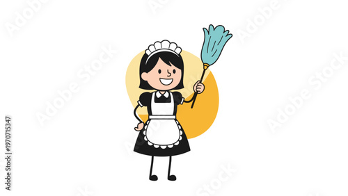 A cheerful maid in a classic uniform with an apron and ruffled cap happily holds a feather duster, symbolizing cleanliness and service.