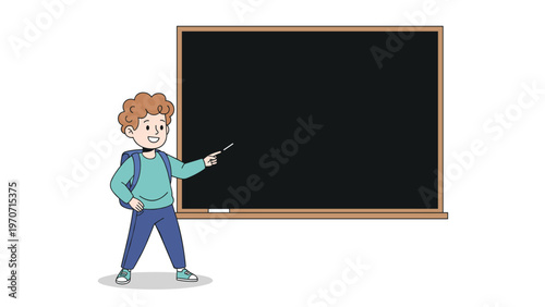 A happy boy with a backpack points with a stick to a large blank blackboard, ready for a lesson or presentation.