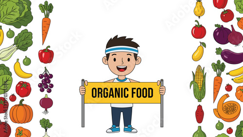A happy boy wearing a headband holds a banner that reads "ORGANIC FOOD," surrounded by a colorful array of fresh fruits and vegetables.