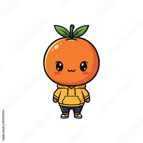 Kawaii orange fruit character illustration wearing a yellow hoodie and black trousers. Cute citrus mascot with green leaves on head and large shiny eyes, isolated on white background.