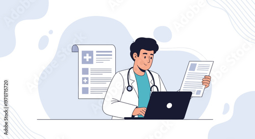 Doctor working on laptop with medical records and charts, healthcare concept