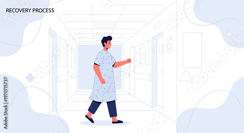 Patient walking down hospital corridor, recovery process concept