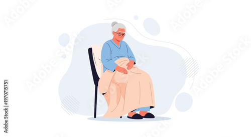 Sad Elderly Woman Sitting Alone Wrapped in Blanket, Feeling Lonely